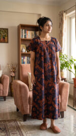 Front Open Cotton Nighty With Buttons, 55 Inches - Orange + Blue - Image 2