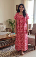 Front Open Cotton Nighty With Buttons, 55 Inches - Peach - Image 2