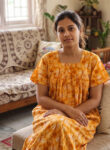 Front Open Cotton Nighty With Buttons, 55 Inches - Orange