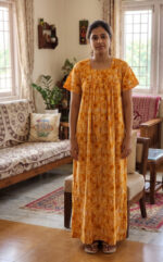 Front Open Cotton Nighty With Buttons, 55 Inches - Orange - Image 2