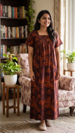 Front Open Cotton Nighty With Buttons, 55 Inches - Orange + Brown - Image 2