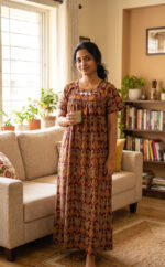 Traditional Cotton Nighty, 55 Inches Length - Maroon + Green flowers - Image 2
