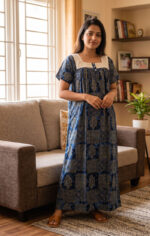 Front Open Cotton Nighty With Buttons, Hacoba Yoke, 55 Inches - Blue - Image 2