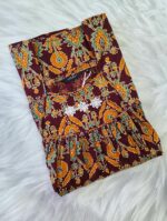 Traditional Cotton Nighty, 55 Inches Length - Maroon + Green flowers - Image 3
