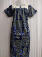 Front Open Cotton Nighty With Buttons, Hacoba Yoke, 55 Inches - Blue - Image 4