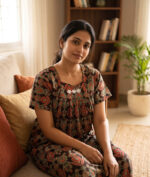 Traditional Cotton Nighty, 55 Inches Length - Brown + Green