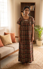 Traditional Cotton Nighty, 55 Inches Length - Brown + Green - Image 2