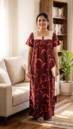 Front Open Cotton Nighty With Buttons, Hacoba Yoke, 55 Inches - Maroon - Image 2