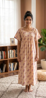 Traditional Cotton Nighty, 57 Inches Length - Cream - Image 2