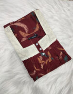 Front Open Cotton Nighty With Buttons, Hacoba Yoke, 55 Inches - Maroon - Image 3