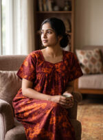 Traditional Cotton Nighty, 55 Inches Length - Purple +Orange