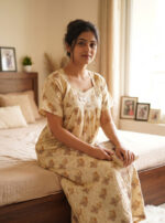 Traditional Cotton Nighty, 57 Inches Length - Cream + Yellow