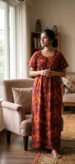 Traditional Cotton Nighty, 55 Inches Length - Purple +Orange - Image 2