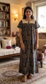 Front Open Cotton Nighty With Buttons, Hacoba Yoke, 55 Inches - Ash - Image 2