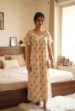 Traditional Cotton Nighty, 57 Inches Length - Cream + Yellow - Image 2