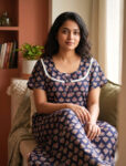 Churidar Model Ajrakh Cotton Nighty With Buttons, 55 Inches - Dark Blue