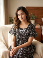 Traditional Cotton Nighty, 55 Inches Length - Black
