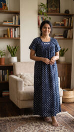 Traditional Cotton Nighty, 55 Inches Length - Dark Blue - Image 2