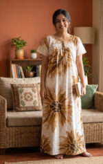 Front Open Cotton Nighty With Buttons, 55 Inches - Yellow + Cream - Image 2