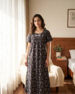 Traditional Cotton Nighty, 55 Inches Length - Black - Image 2