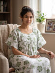 Traditional Cotton Nighty, 57 Inches Length - White + Green