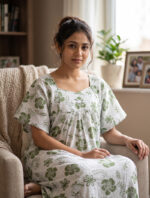 Traditional Cotton Nighty, 57 Inches Length - White + Green