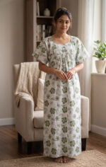 Traditional Cotton Nighty, 57 Inches Length - White + Green - Image 2