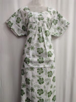Traditional Cotton Nighty, 57 Inches Length - White + Green - Image 4