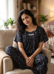 Traditional Cotton Nighty, 57 Inches Length - Black