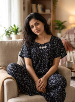 Traditional Cotton Nighty, 57 Inches Length - Black