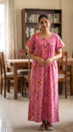 Front Open Cotton Nighty With Buttons, 55 Inches - Rose - Image 2