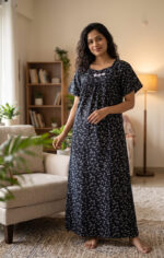 Traditional Cotton Nighty, 57 Inches Length - Black - Image 2