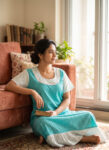 Short And Trendy Cotton Nighty - Blue + White