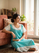 Short And Trendy Cotton Nighty - Blue + White