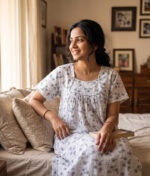 Traditional Cotton Nighty, 55 Inches Length - White