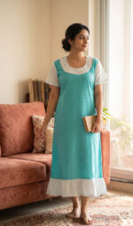Short And Trendy Cotton Nighty - Blue + White - Image 2