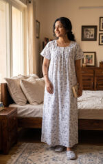 Traditional Cotton Nighty, 55 Inches Length - White - Image 2
