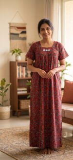 Traditional Cotton Nighty, 55 Inches Length - Red - Image 2