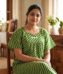 Traditional Cotton Nighty, 57 Inches Length - Green lines