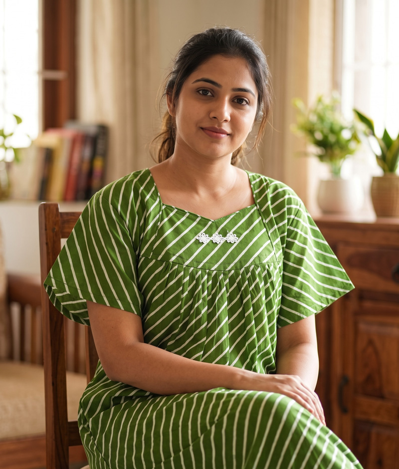 AS1 Traditional Cotton Nighty, 57 Inches Length - Green lines - Image 1