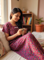 Traditional Cotton Nighty, 55 Inches Length - Rose