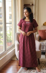 Traditional Cotton Nighty, 55 Inches Length - Maroon - Image 2
