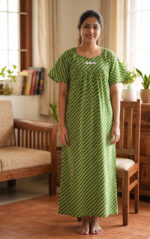 Traditional Cotton Nighty, 57 Inches Length - Green lines - Image 2