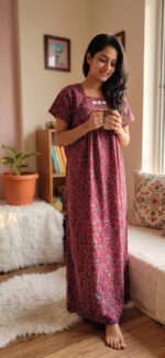 Traditional Cotton Nighty, 55 Inches Length - Rose - Image 2