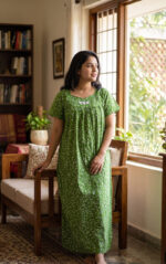 Traditional Cotton Nighty, 57 Inches Length - Green - Image 2