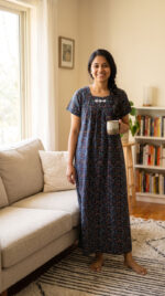 Traditional Cotton Nighty, 55 Inches Length - Dark Blue - Image 2