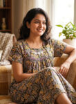 Traditional Kalamkari Cotton Nighty, 55 Inches Length - Green