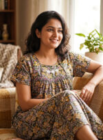 Traditional Kalamkari Cotton Nighty, 55 Inches Length - Green