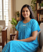Traditional Cotton Nighty, 57 Inches Length - Blue lines