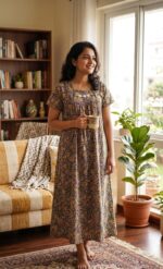 Traditional Kalamkari Cotton Nighty, 55 Inches Length - Green - Image 2